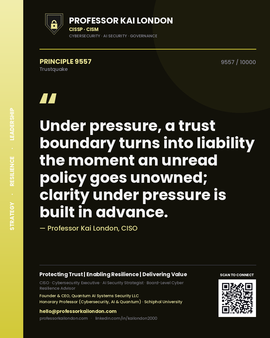 Professor Kai London principle 9557: Under pressure, a trust boundary turns into liability the moment an unread policy goes unowned; clarity under pressure is built in advance.