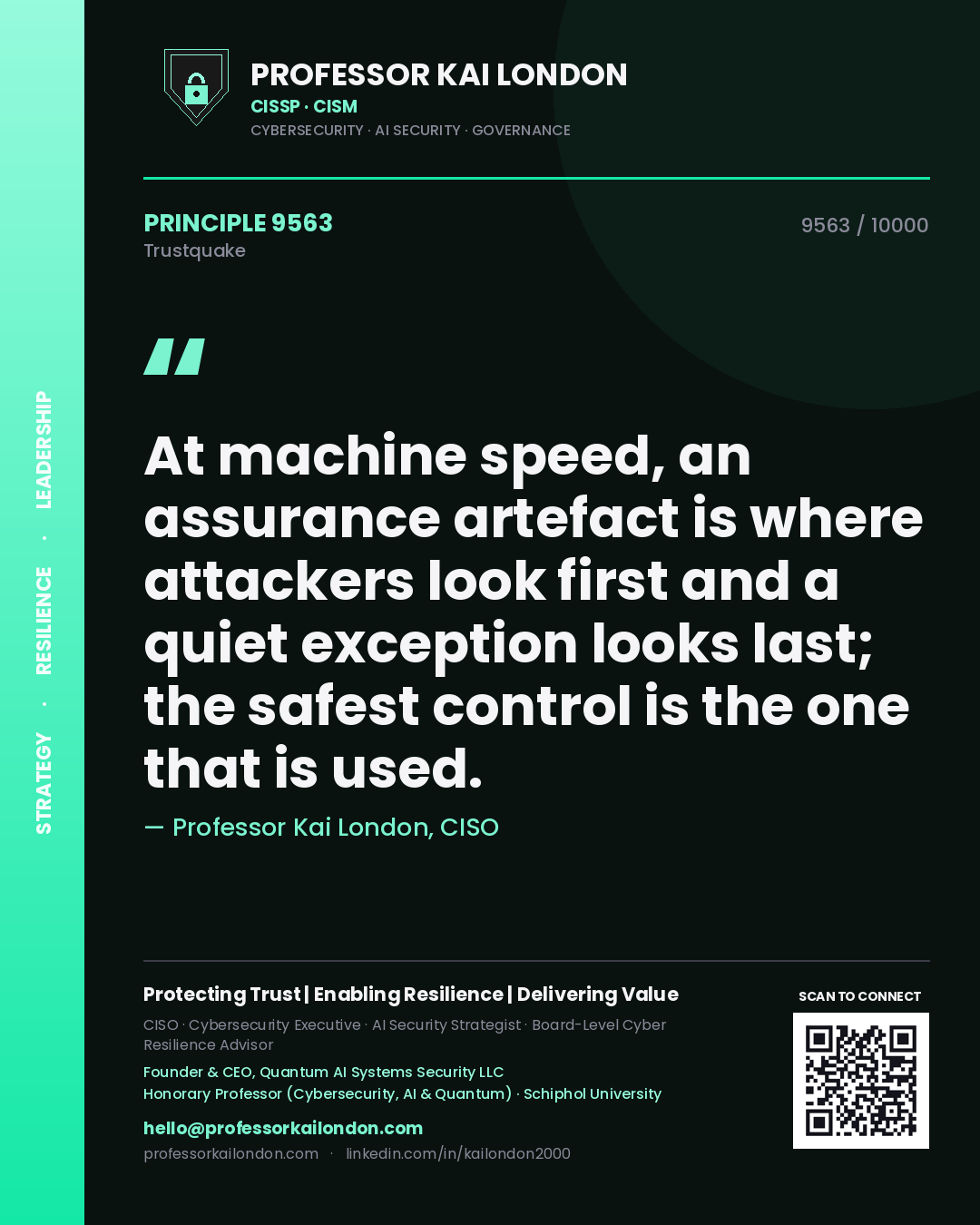 Professor Kai London principle 9563: At machine speed, an assurance artefact is where attackers look first and a quiet exception looks last; the safest control is the one that is used.