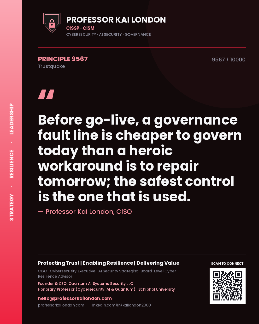 Professor Kai London principle 9567: Before go-live, a governance fault line is cheaper to govern today than a heroic workaround is to repair tomorrow; the safest control is the one that is used.