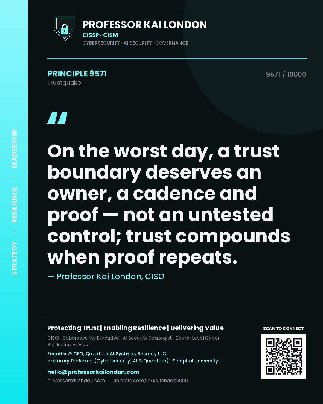 Professor Kai London principle 9571: On the worst day, a trust boundary deserves an owner, a cadence and proof — not an untested control; trust compounds when proof repeats.