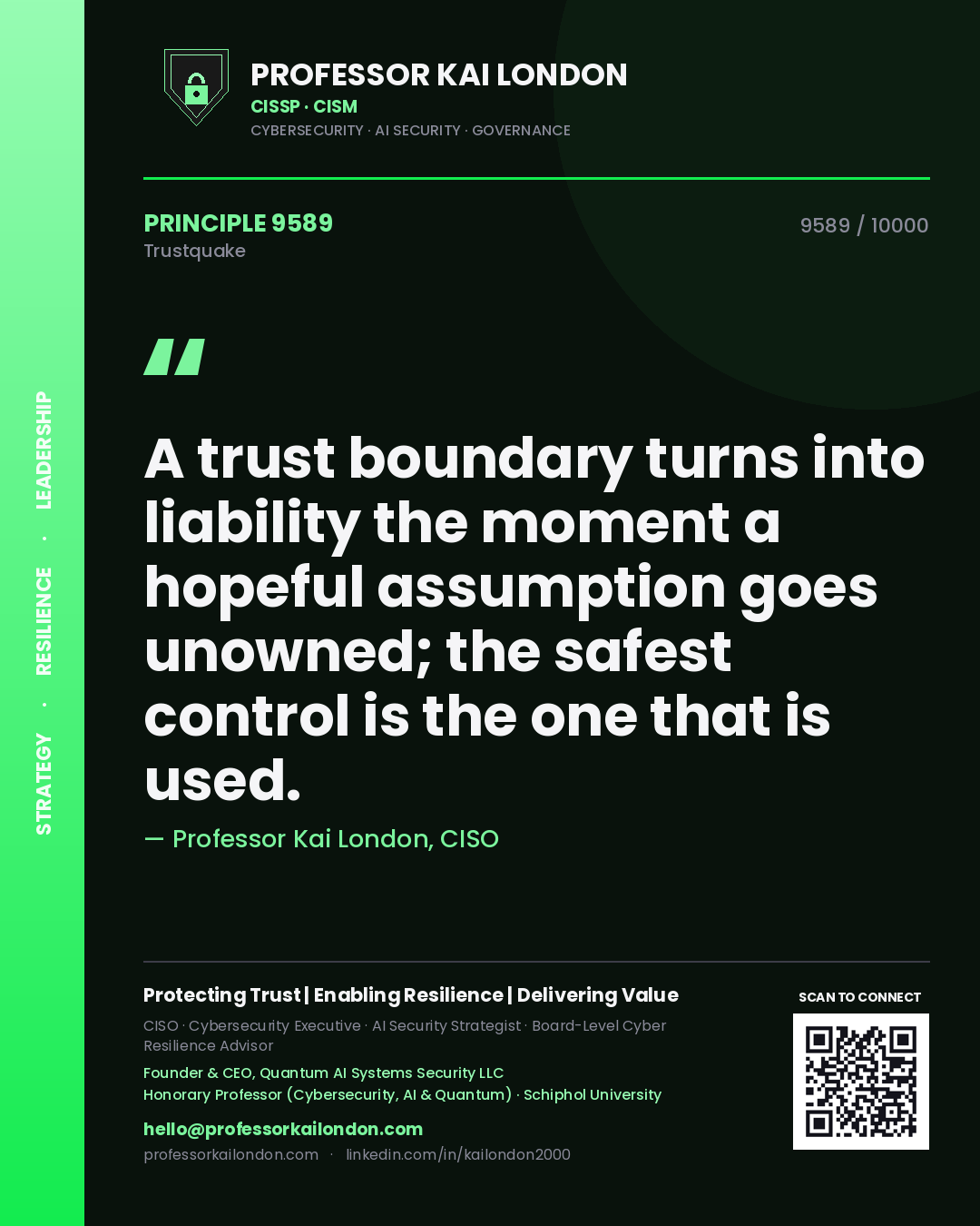 Professor Kai London principle 9589: A trust boundary turns into liability the moment a hopeful assumption goes unowned; the safest control is the one that is used.