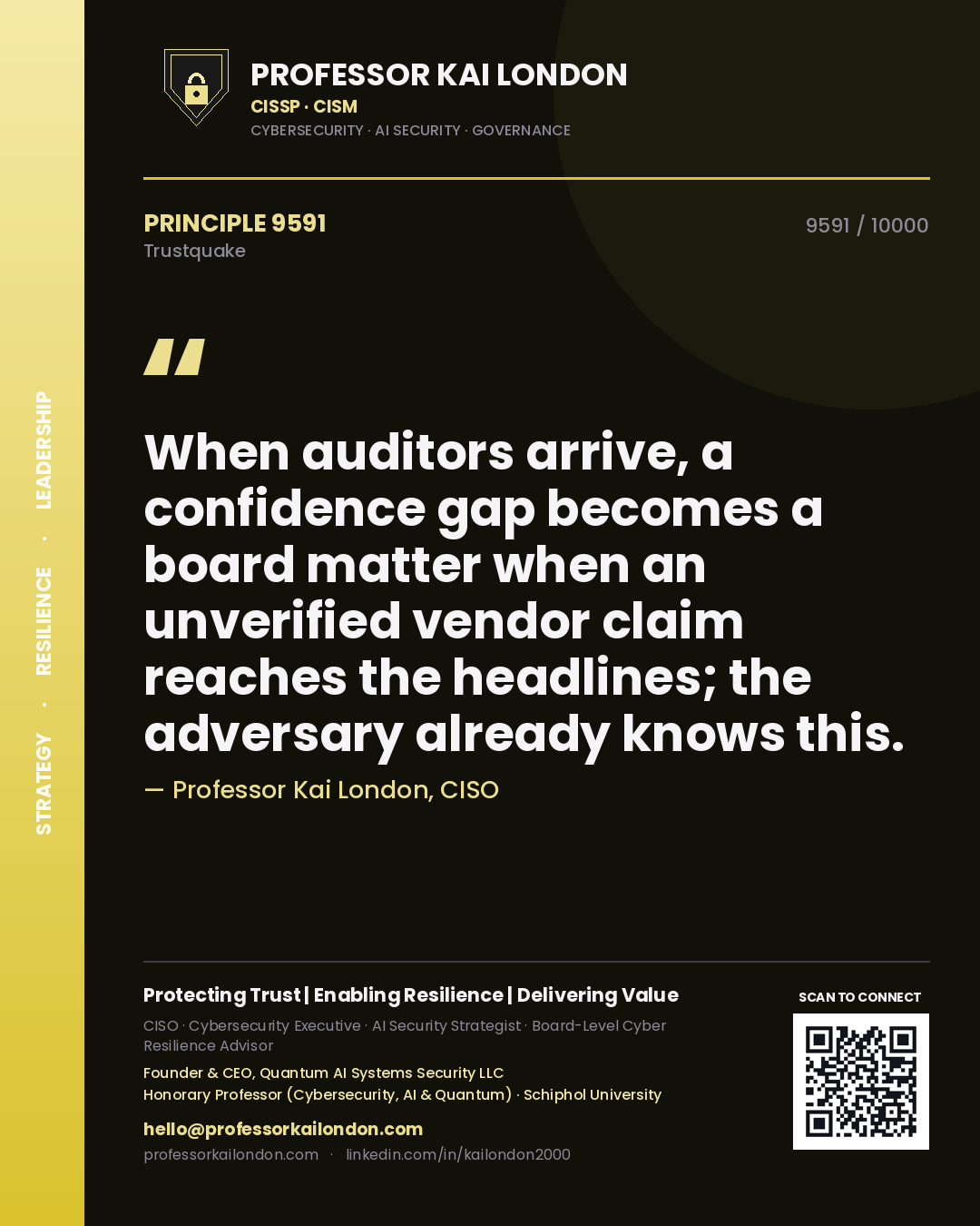 Professor Kai London principle 9591: When auditors arrive, a confidence gap becomes a board matter when an unverified vendor claim reaches the headlines; the adversary already knows this.