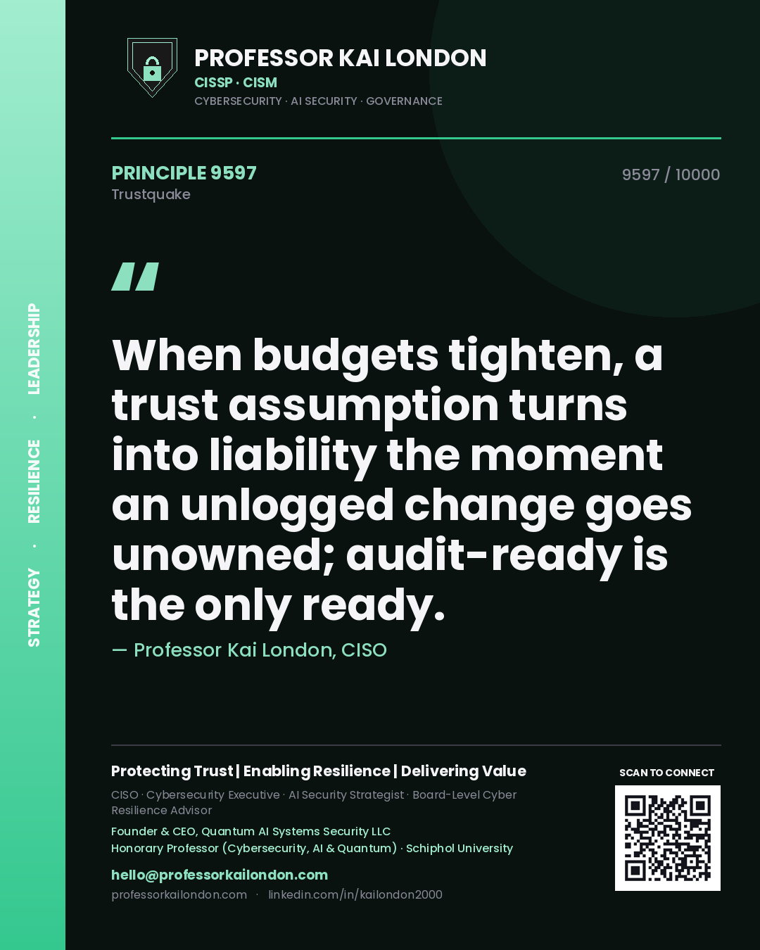 Professor Kai London principle 9597: When budgets tighten, a trust assumption turns into liability the moment an unlogged change goes unowned; audit-ready is the only ready.