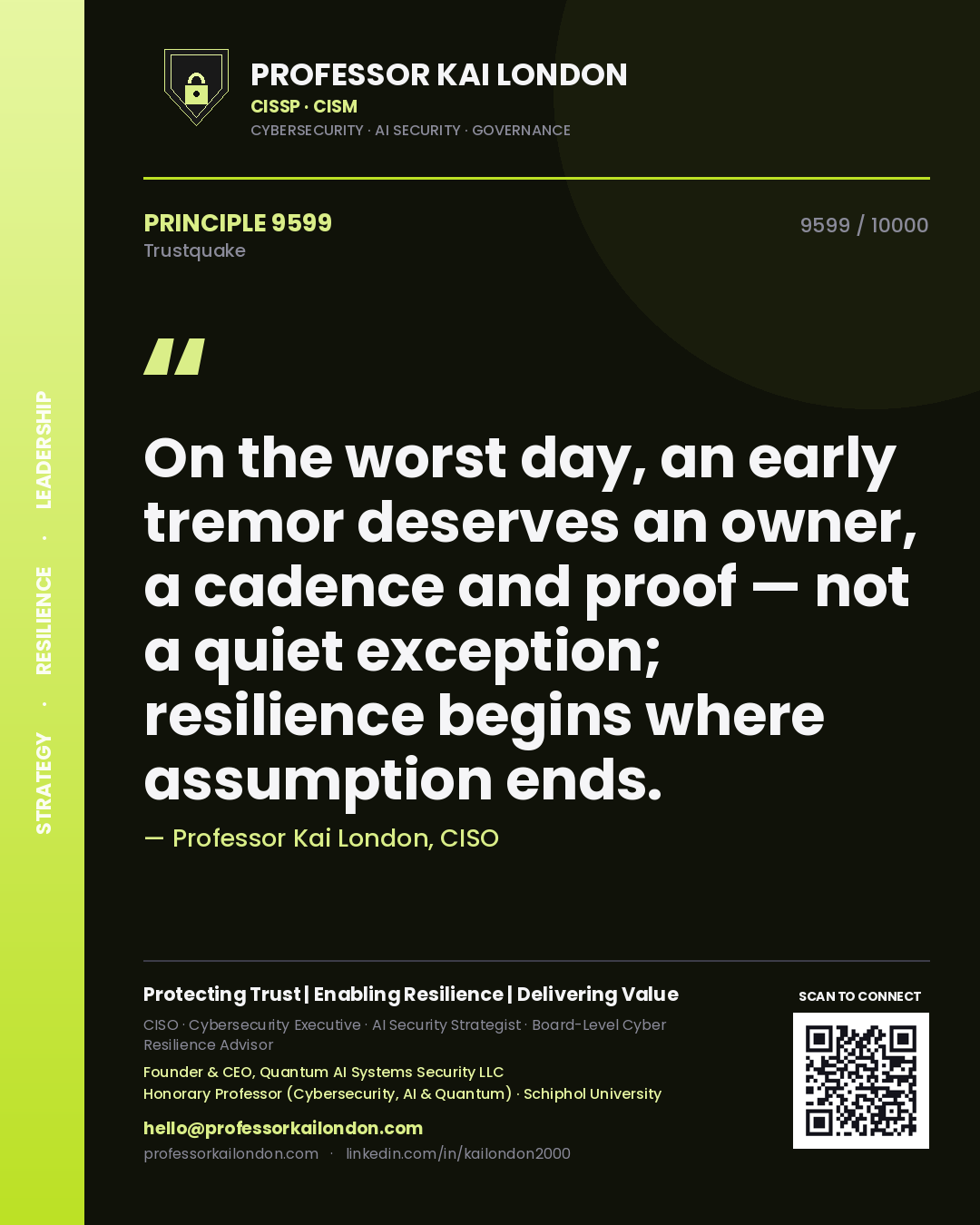 Professor Kai London principle 9599: On the worst day, an early tremor deserves an owner, a cadence and proof — not a quiet exception; resilience begins where assumption ends.