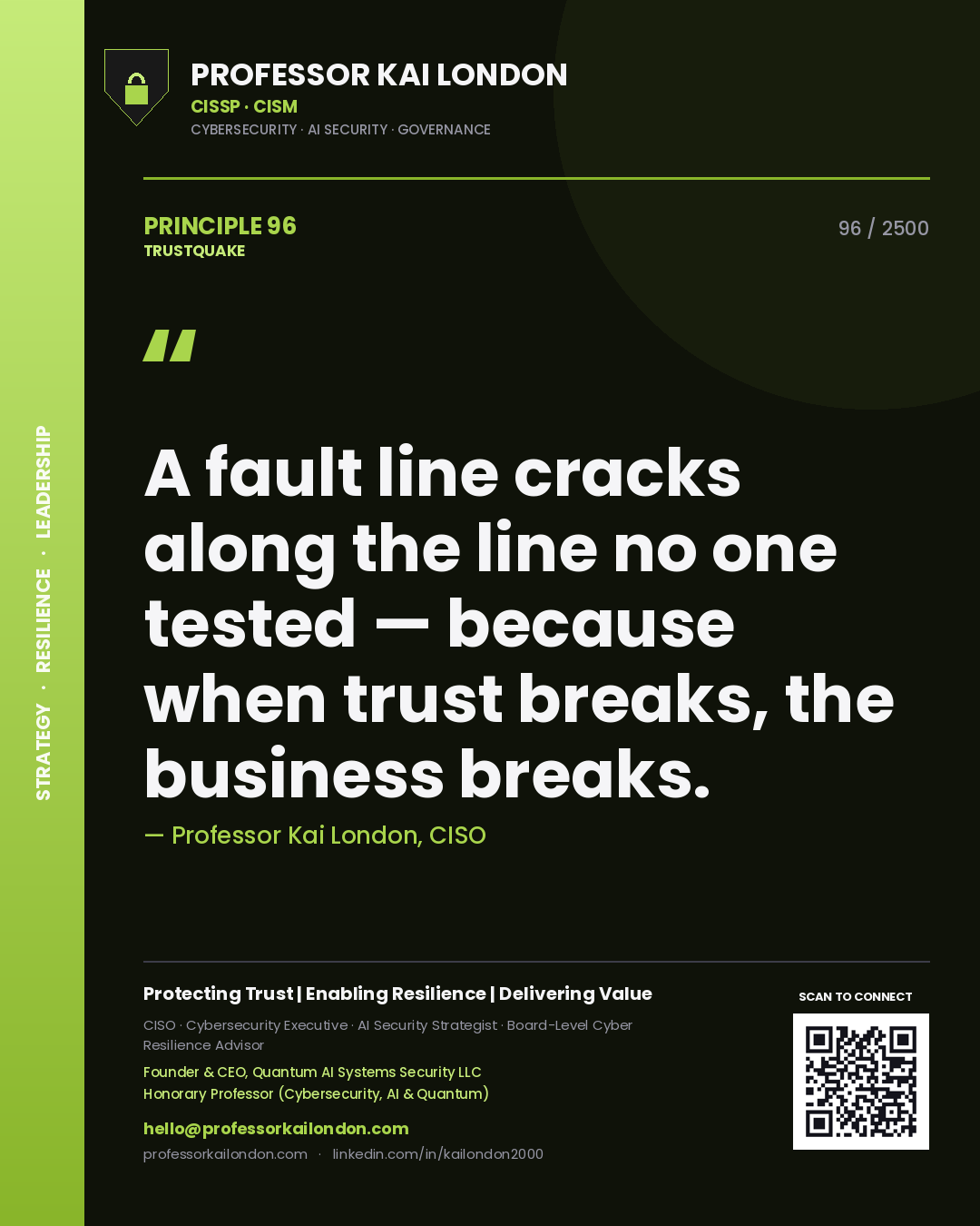 Professor Kai London principle 96: A fault line cracks along the line no one tested — because when trust breaks, the business breaks.