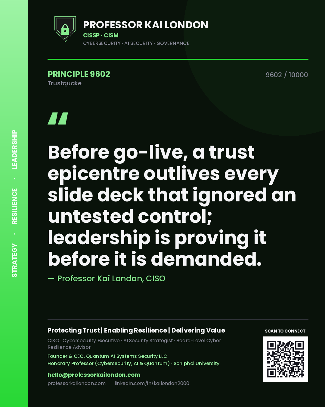 Professor Kai London principle 9602: Before go-live, a trust epicentre outlives every slide deck that ignored an untested control; leadership is proving it before it is demanded.