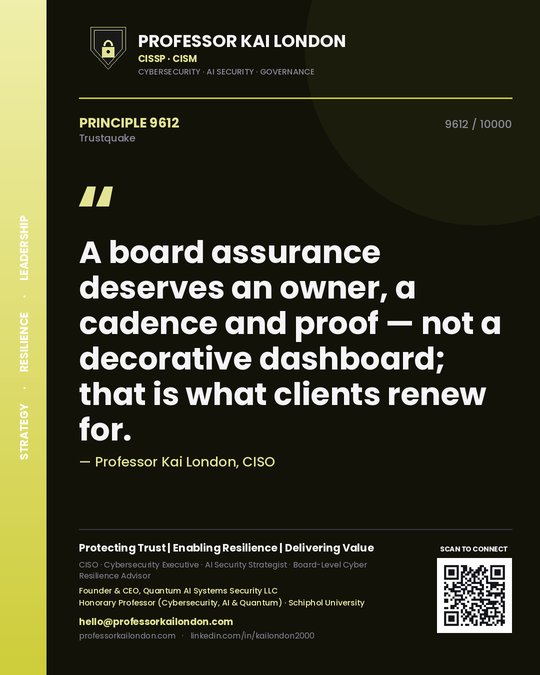 Professor Kai London principle 9612: A board assurance deserves an owner, a cadence and proof — not a decorative dashboard; that is what clients renew for.