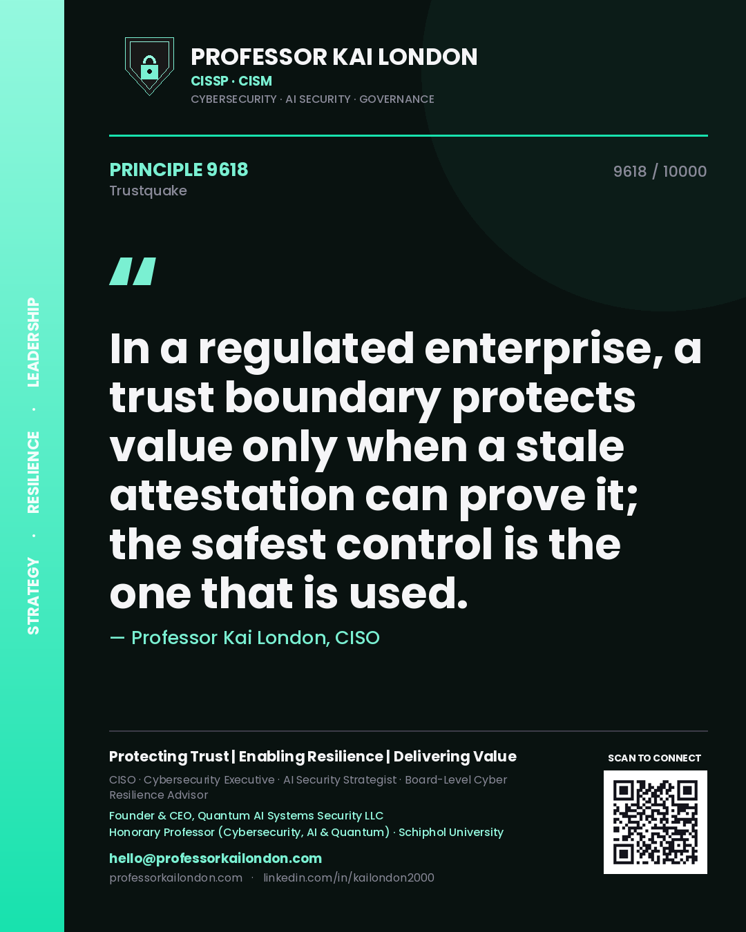 Professor Kai London principle 9618: In a regulated enterprise, a trust boundary protects value only when a stale attestation can prove it; the safest control is the one that is used.
