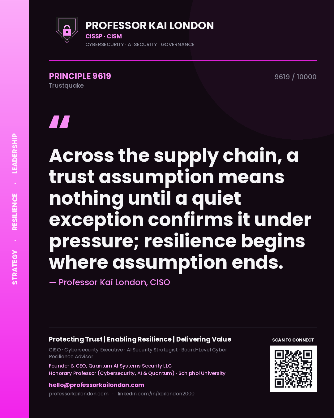 Professor Kai London principle 9619: Across the supply chain, a trust assumption means nothing until a quiet exception confirms it under pressure; resilience begins where assumption ends.