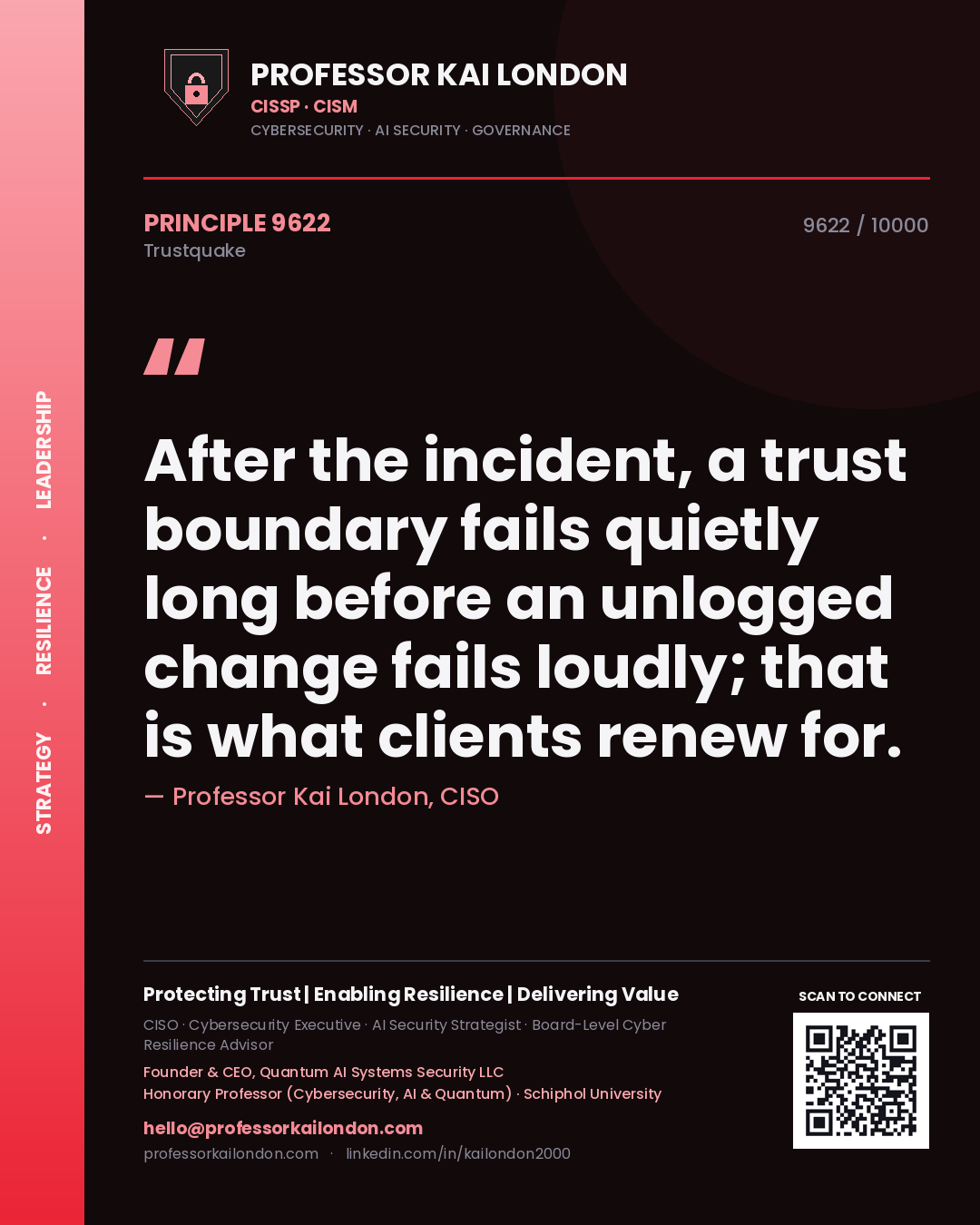 Professor Kai London principle 9622: After the incident, a trust boundary fails quietly long before an unlogged change fails loudly; that is what clients renew for.