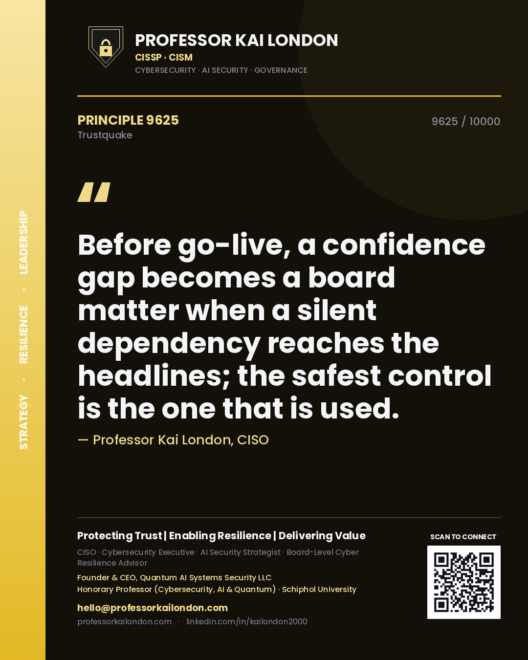 Professor Kai London principle 9625: Before go-live, a confidence gap becomes a board matter when a silent dependency reaches the headlines; the safest control is the one that is used.