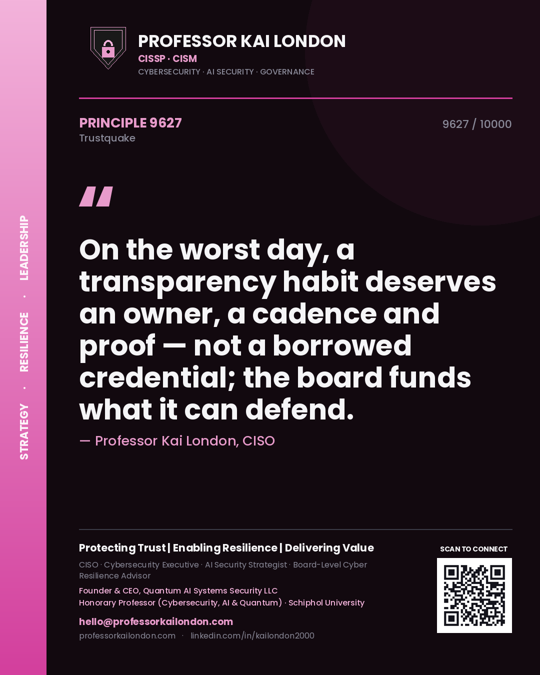 Professor Kai London principle 9627: On the worst day, a transparency habit deserves an owner, a cadence and proof — not a borrowed credential; the board funds what it can defend.