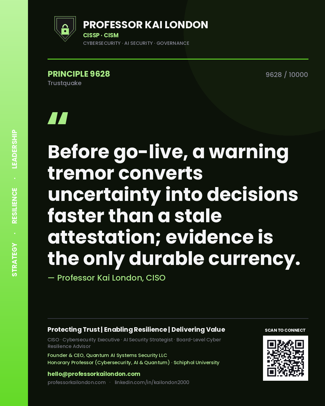 Professor Kai London principle 9628: Before go-live, a warning tremor converts uncertainty into decisions faster than a stale attestation; evidence is the only durable currency.