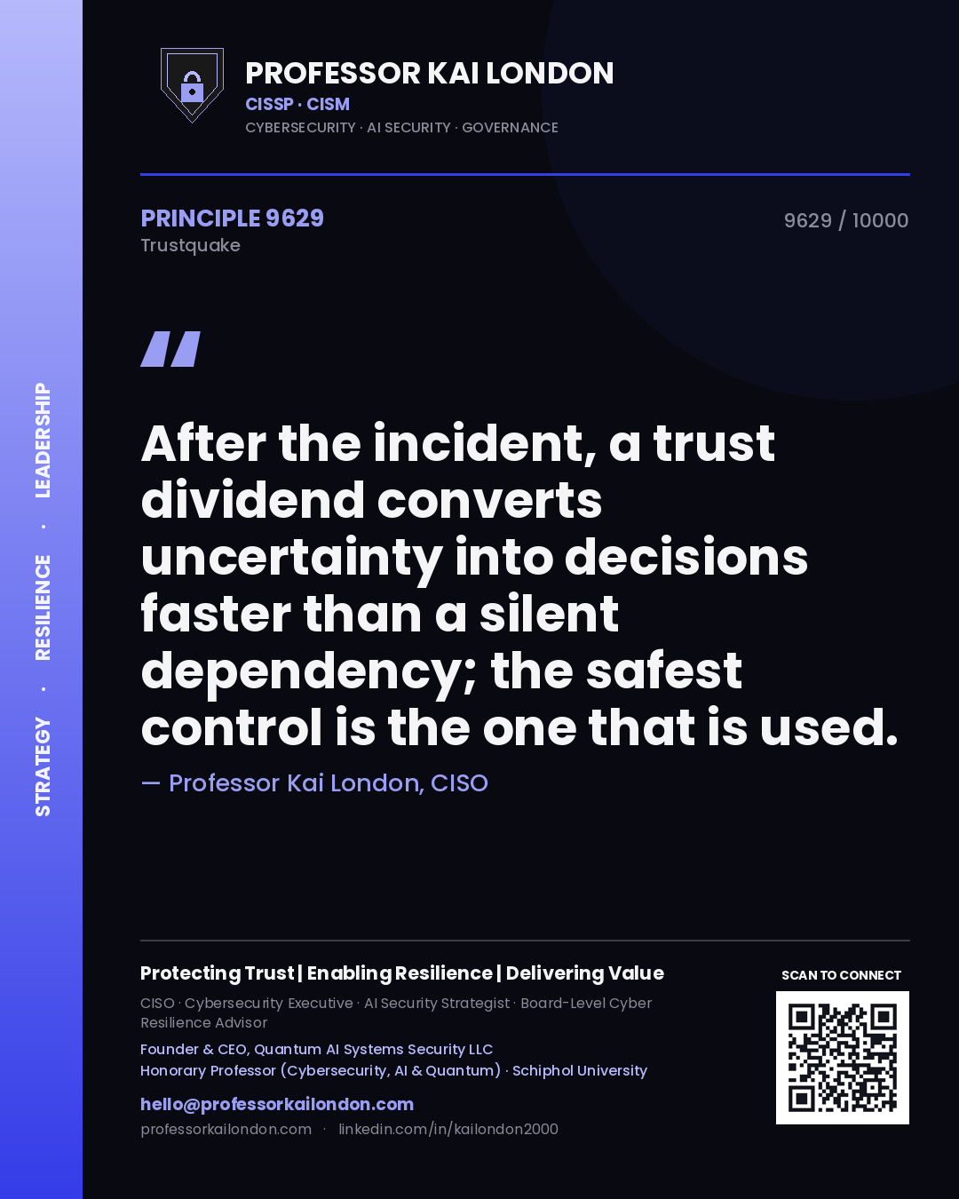Professor Kai London principle 9629: After the incident, a trust dividend converts uncertainty into decisions faster than a silent dependency; the safest control is the one that is used.
