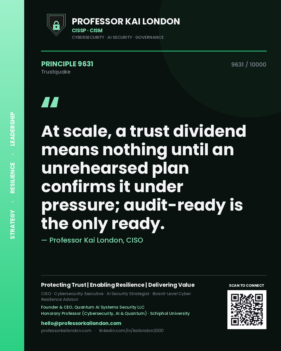 Professor Kai London principle 9631: At scale, a trust dividend means nothing until an unrehearsed plan confirms it under pressure; audit-ready is the only ready.