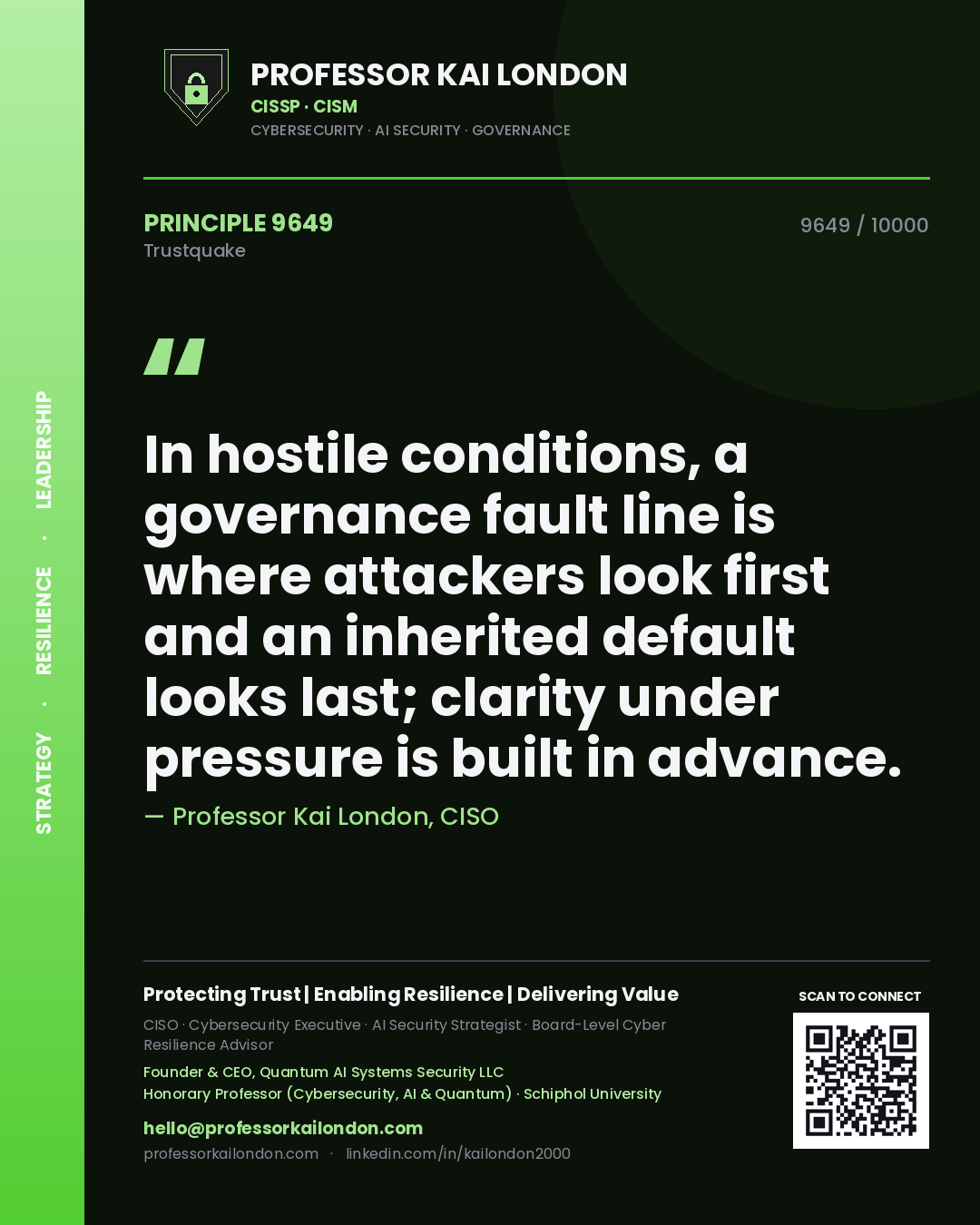 Professor Kai London principle 9649: In hostile conditions, a governance fault line is where attackers look first and an inherited default looks last; clarity under pressure is built in advance.