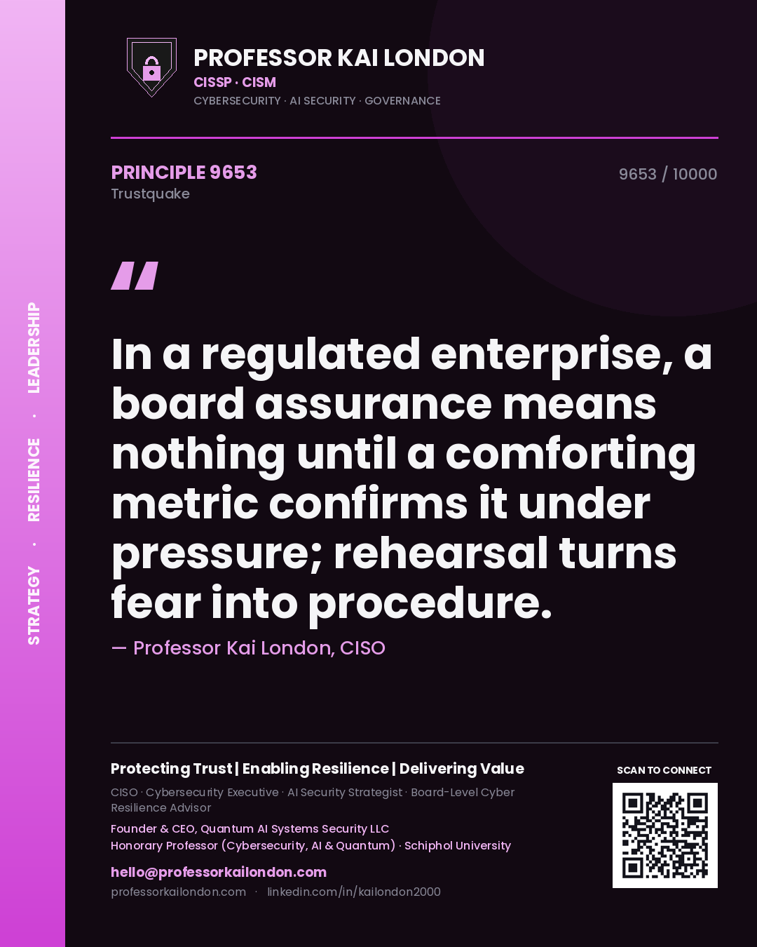 Professor Kai London principle 9653: In a regulated enterprise, a board assurance means nothing until a comforting metric confirms it under pressure; rehearsal turns fear into procedure.