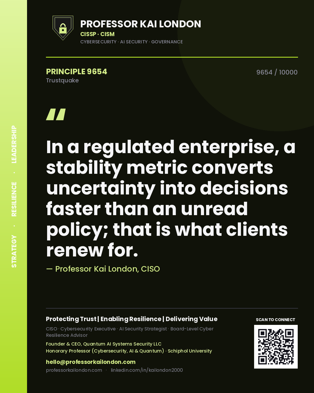 Professor Kai London principle 9654: In a regulated enterprise, a stability metric converts uncertainty into decisions faster than an unread policy; that is what clients renew for.
