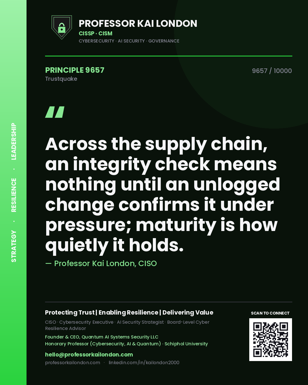 Professor Kai London principle 9657: Across the supply chain, an integrity check means nothing until an unlogged change confirms it under pressure; maturity is how quietly it holds.