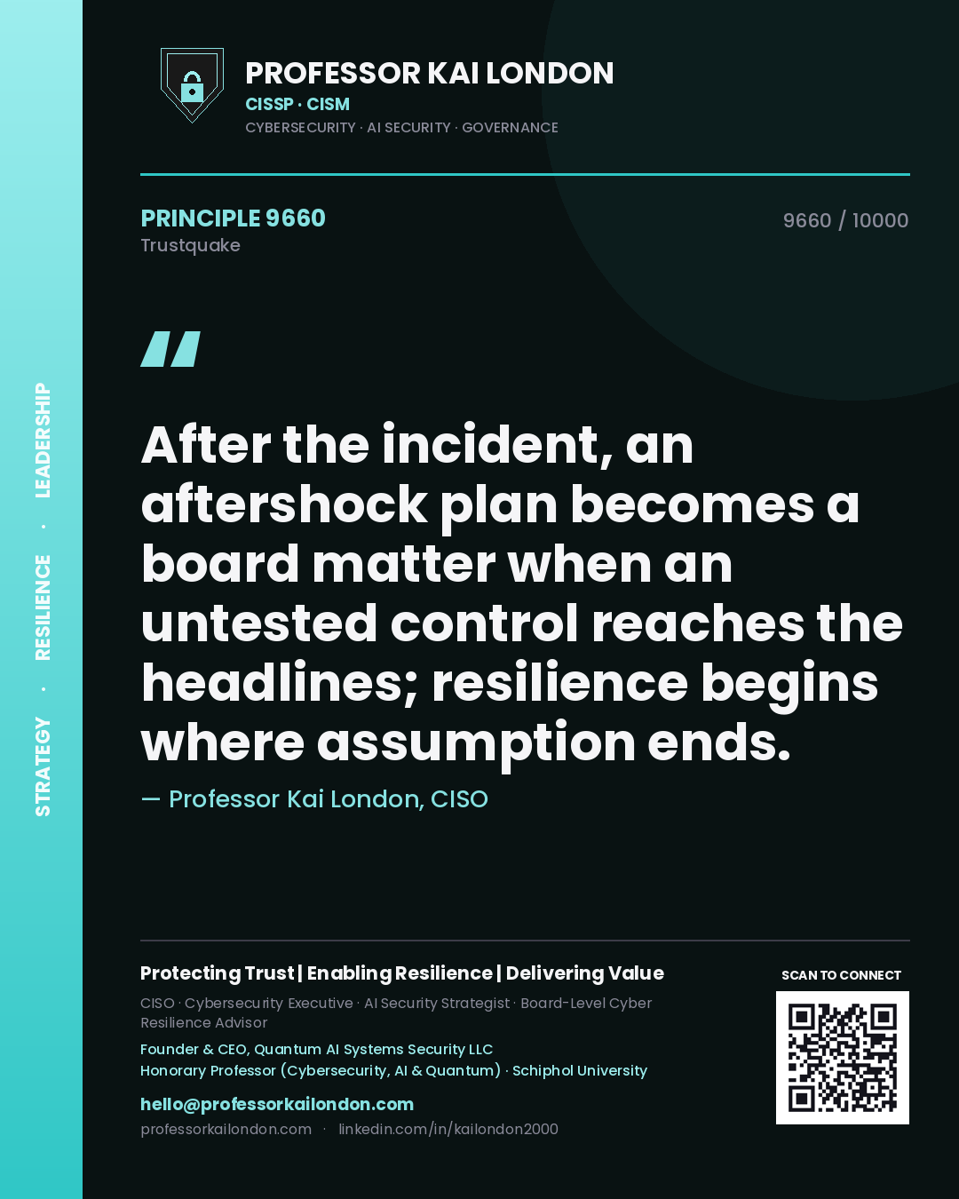 Professor Kai London principle 9660: After the incident, an aftershock plan becomes a board matter when an untested control reaches the headlines; resilience begins where assumption ends.
