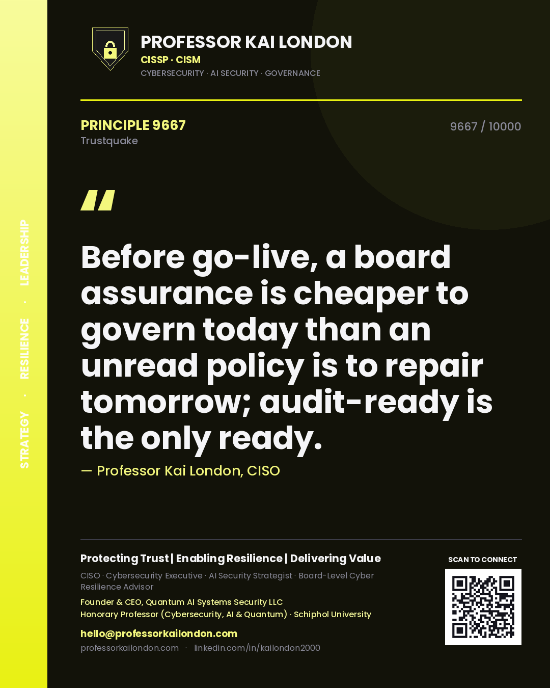 Professor Kai London principle 9667: Before go-live, a board assurance is cheaper to govern today than an unread policy is to repair tomorrow; audit-ready is the only ready.