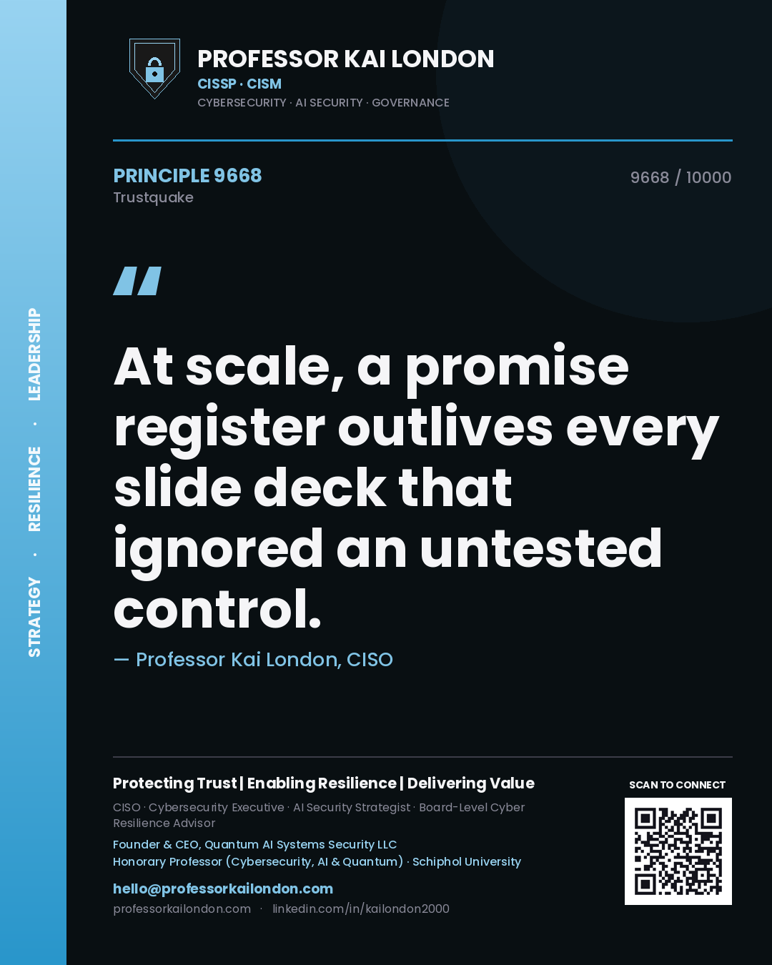Professor Kai London principle 9668: At scale, a promise register outlives every slide deck that ignored an untested control.