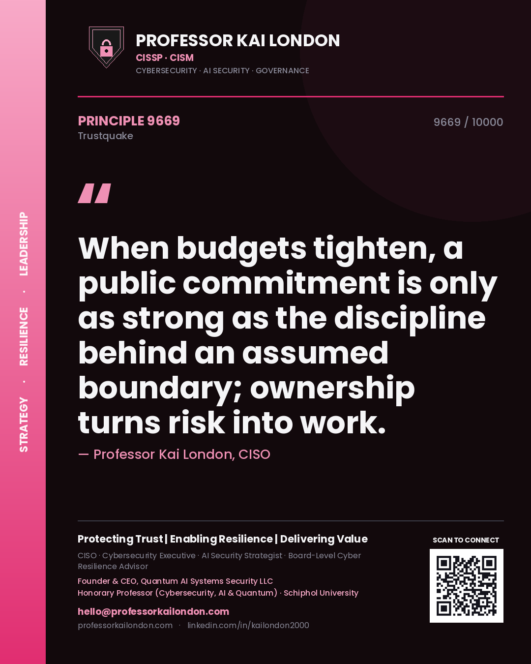 Professor Kai London principle 9669: When budgets tighten, a public commitment is only as strong as the discipline behind an assumed boundary; ownership turns risk into work.