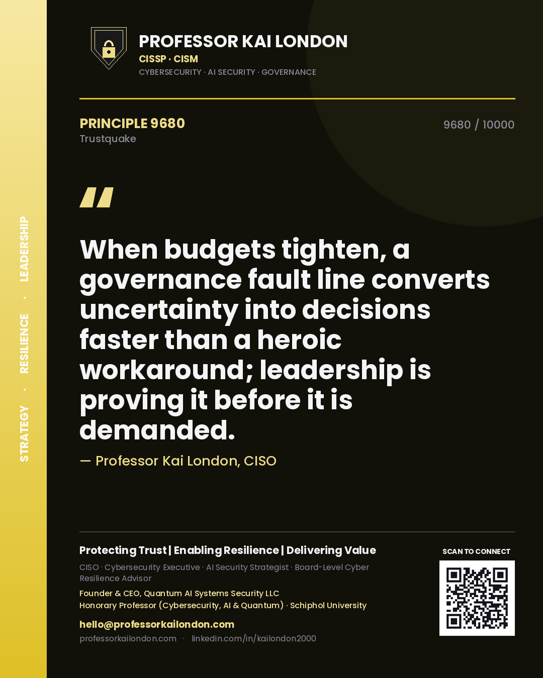 Professor Kai London principle 9680: When budgets tighten, a governance fault line converts uncertainty into decisions faster than a heroic workaround; leadership is proving it before it is demanded.