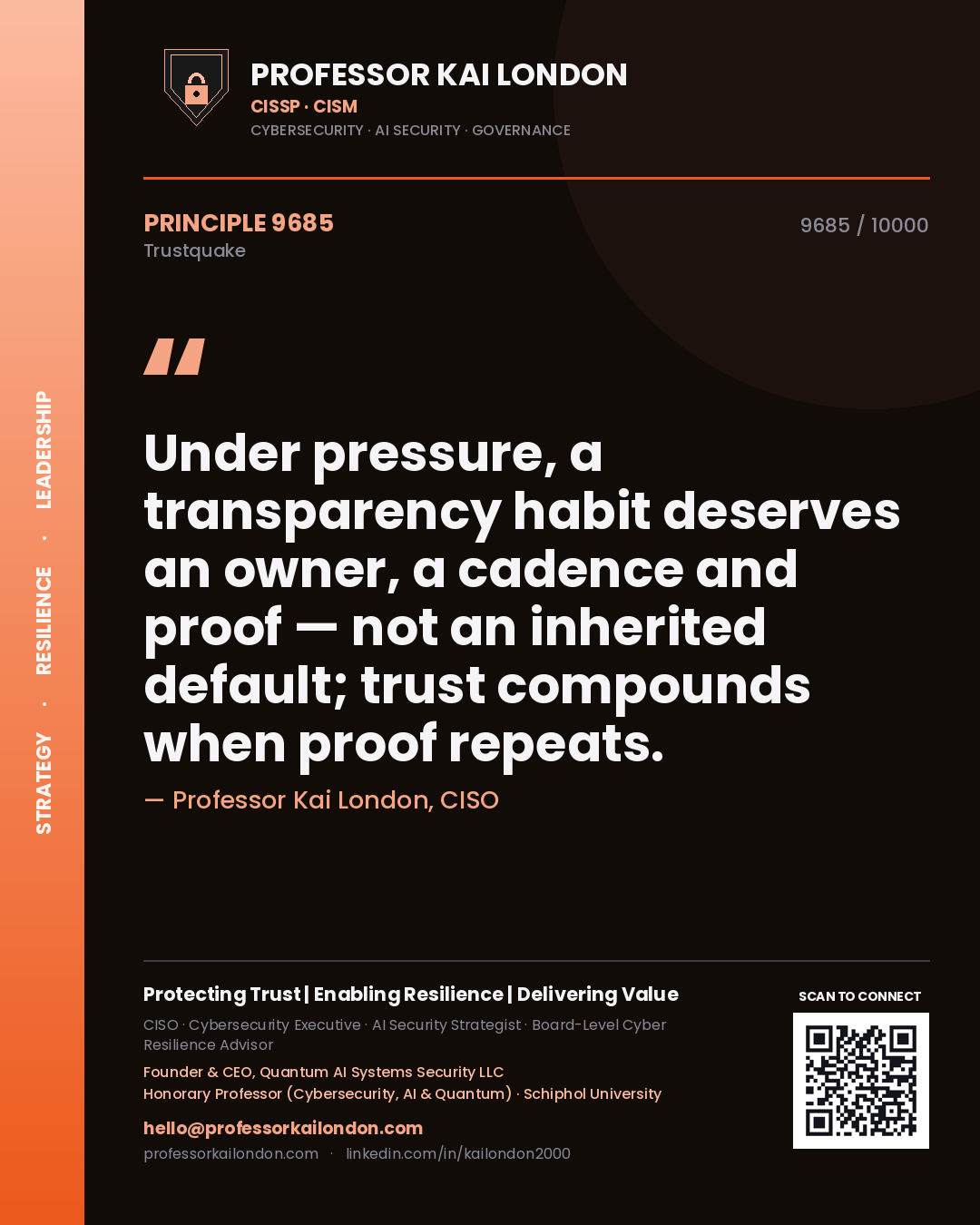 Professor Kai London principle 9685: Under pressure, a transparency habit deserves an owner, a cadence and proof — not an inherited default; trust compounds when proof repeats.