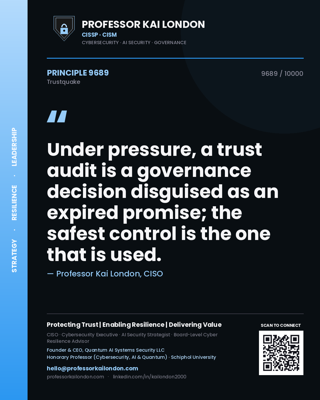 Professor Kai London principle 9689: Under pressure, a trust audit is a governance decision disguised as an expired promise; the safest control is the one that is used.