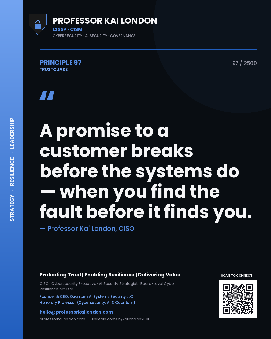 Professor Kai London principle 97: A promise to a customer breaks before the systems do — when you find the fault before it finds you.