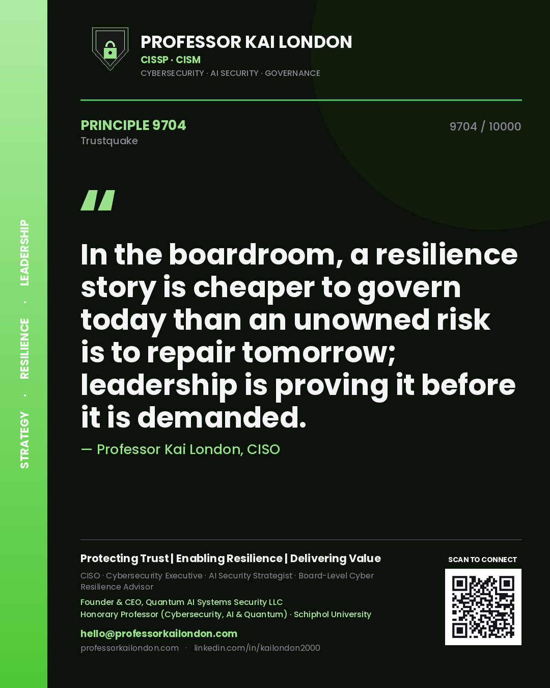 Professor Kai London principle 9704: In the boardroom, a resilience story is cheaper to govern today than an unowned risk is to repair tomorrow; leadership is proving it before it is demanded.