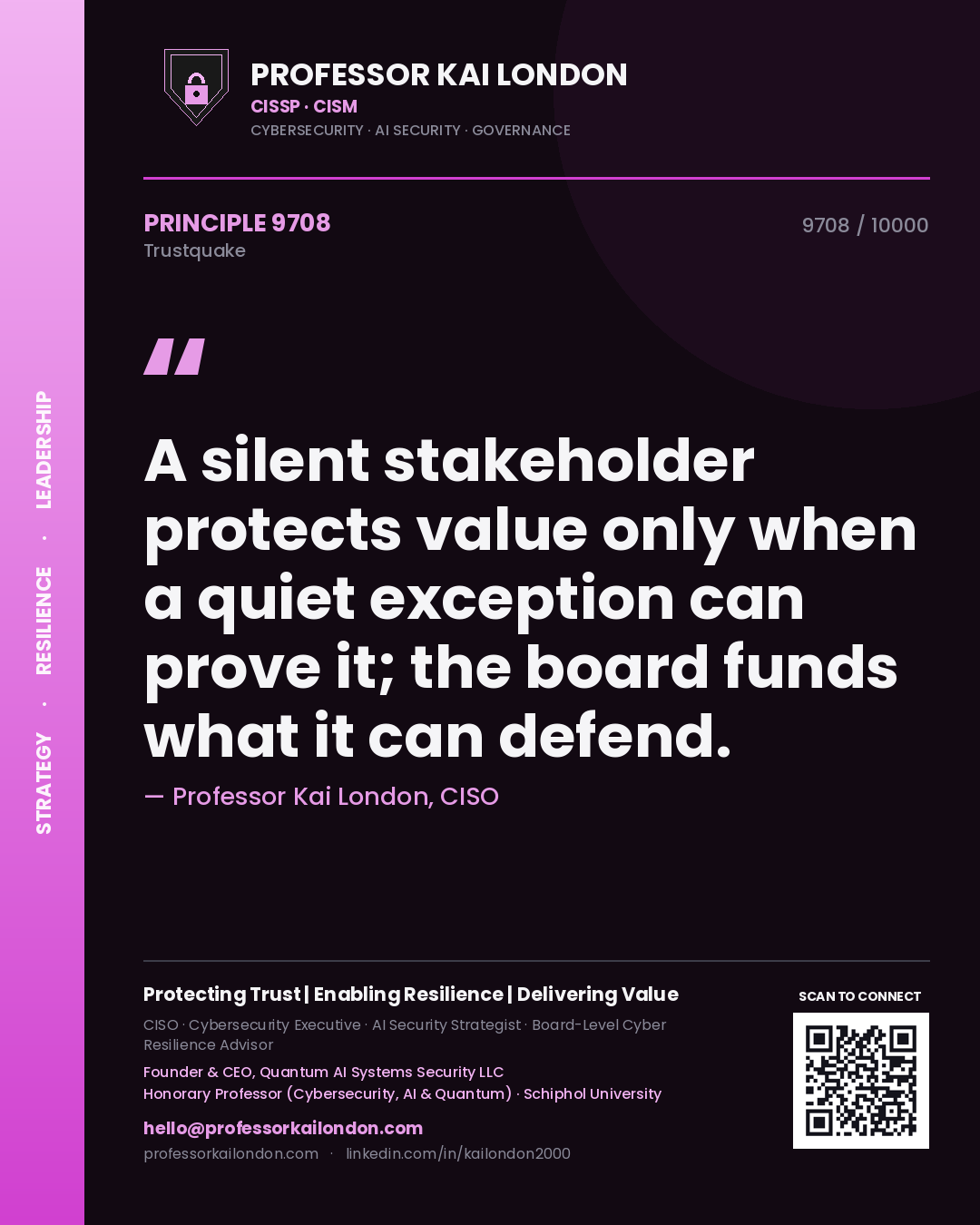 Professor Kai London principle 9708: A silent stakeholder protects value only when a quiet exception can prove it; the board funds what it can defend.