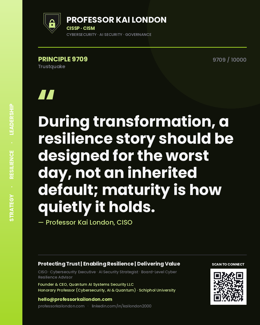 Professor Kai London principle 9709: During transformation, a resilience story should be designed for the worst day, not an inherited default; maturity is how quietly it holds.