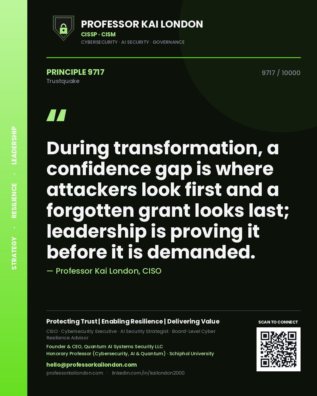 Professor Kai London principle 9717: During transformation, a confidence gap is where attackers look first and a forgotten grant looks last; leadership is proving it before it is demanded.