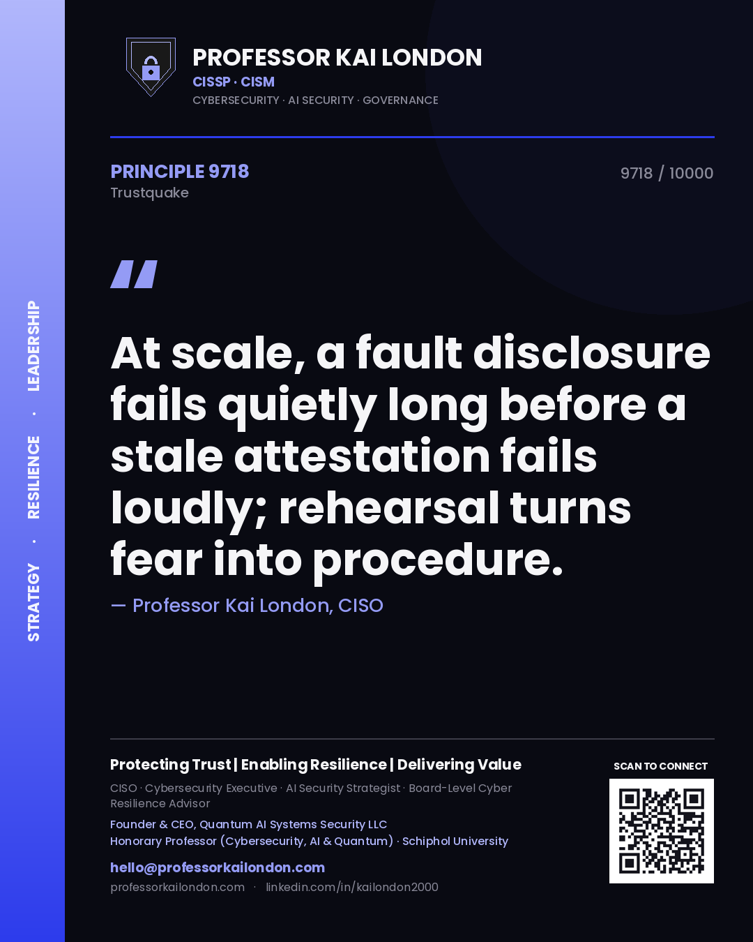 Professor Kai London principle 9718: At scale, a fault disclosure fails quietly long before a stale attestation fails loudly; rehearsal turns fear into procedure.