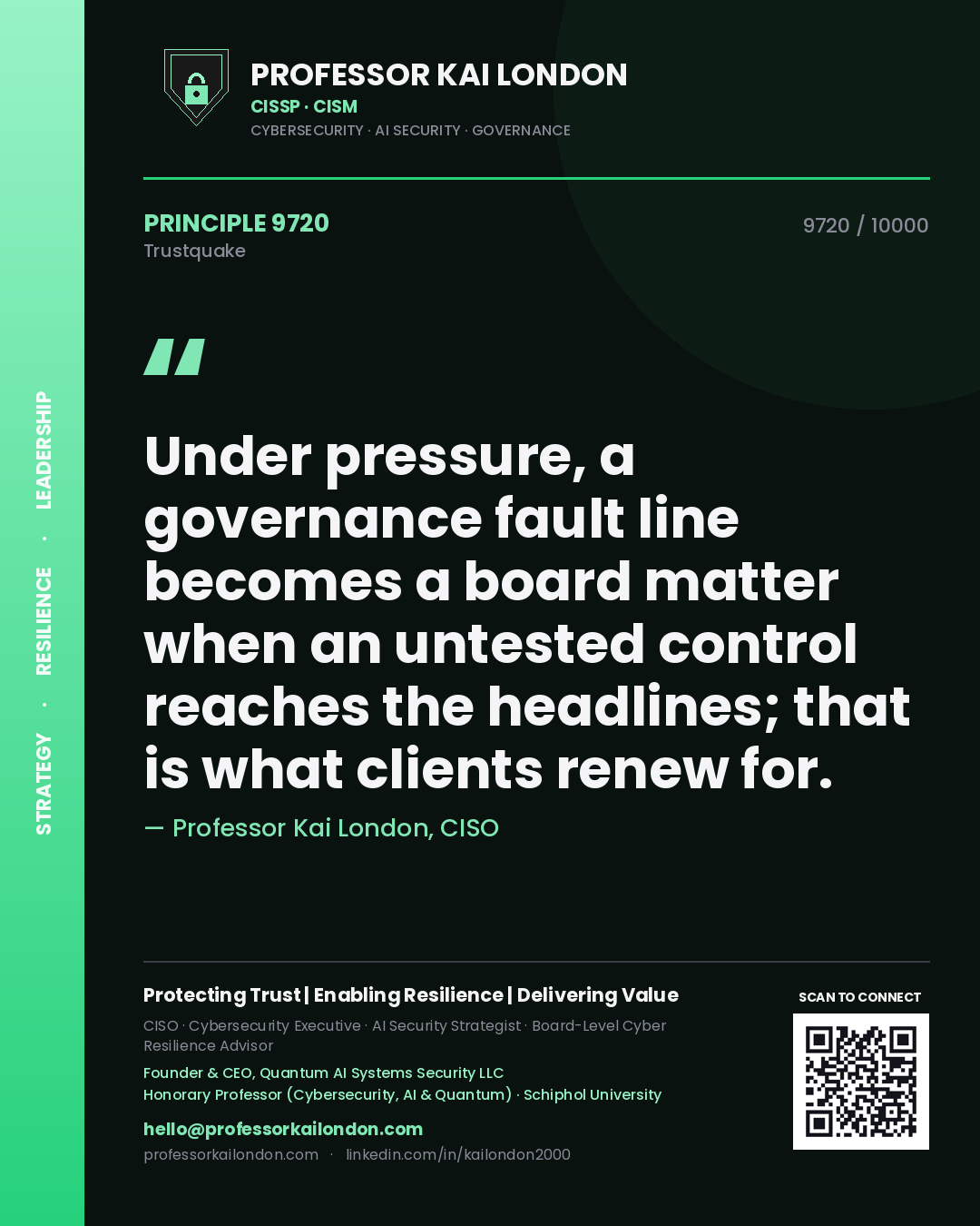 Professor Kai London principle 9720: Under pressure, a governance fault line becomes a board matter when an untested control reaches the headlines; that is what clients renew for.