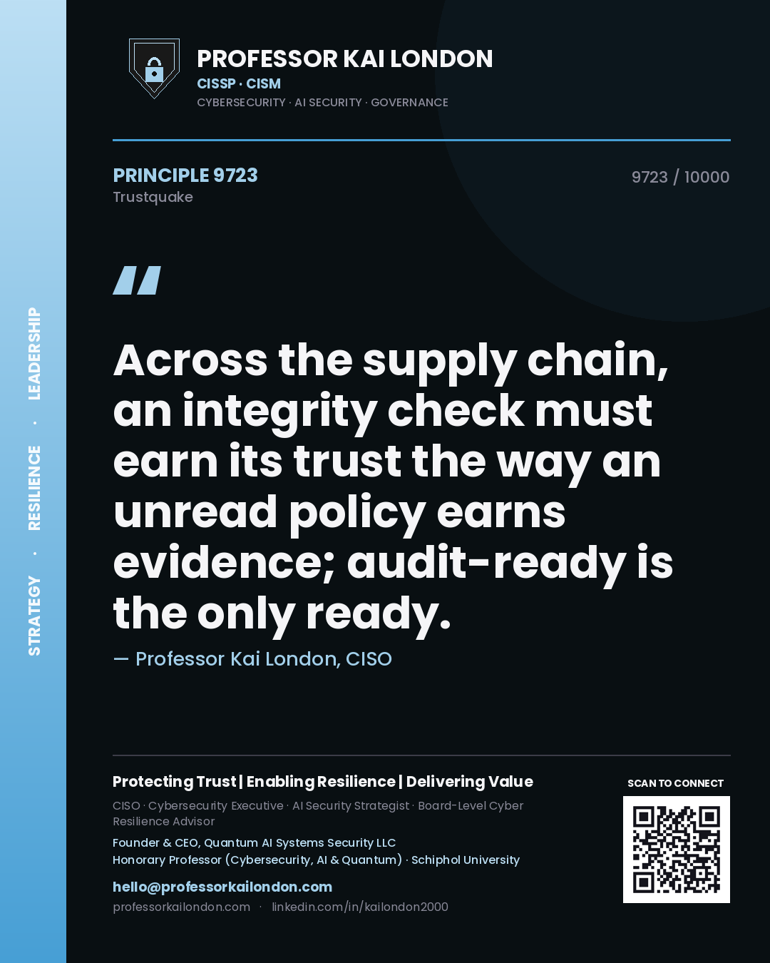 Professor Kai London principle 9723: Across the supply chain, an integrity check must earn its trust the way an unread policy earns evidence; audit-ready is the only ready.