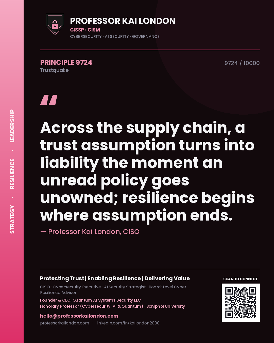 Professor Kai London principle 9724: Across the supply chain, a trust assumption turns into liability the moment an unread policy goes unowned; resilience begins where assumption ends.