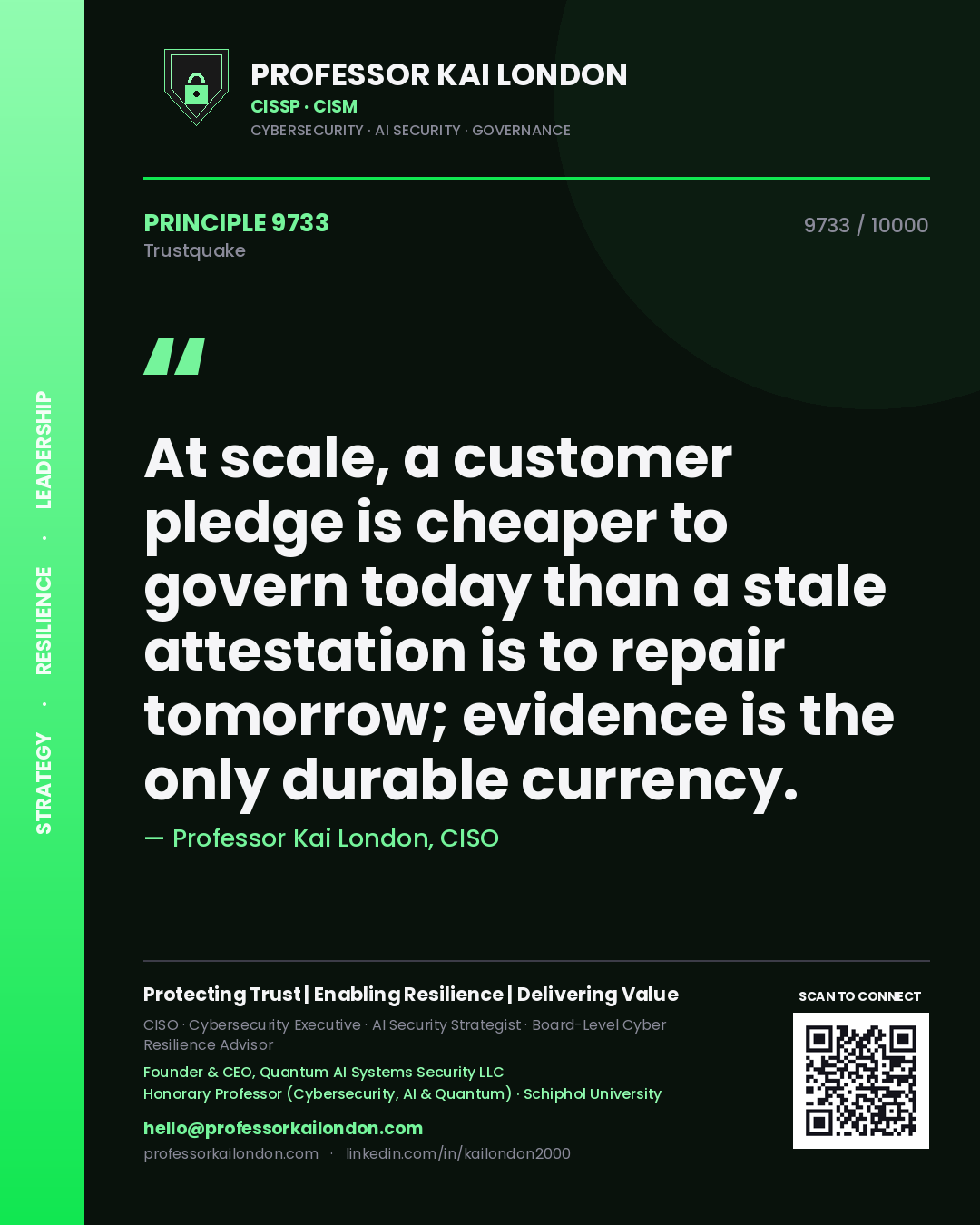 Professor Kai London principle 9733: At scale, a customer pledge is cheaper to govern today than a stale attestation is to repair tomorrow; evidence is the only durable currency.