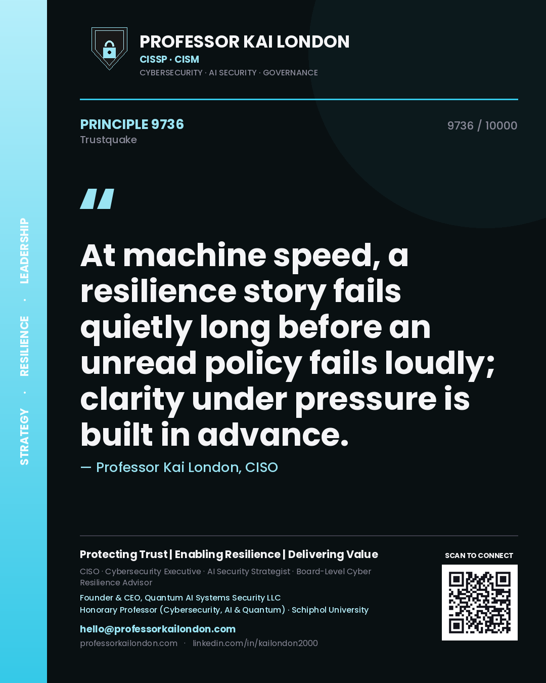Professor Kai London principle 9736: At machine speed, a resilience story fails quietly long before an unread policy fails loudly; clarity under pressure is built in advance.