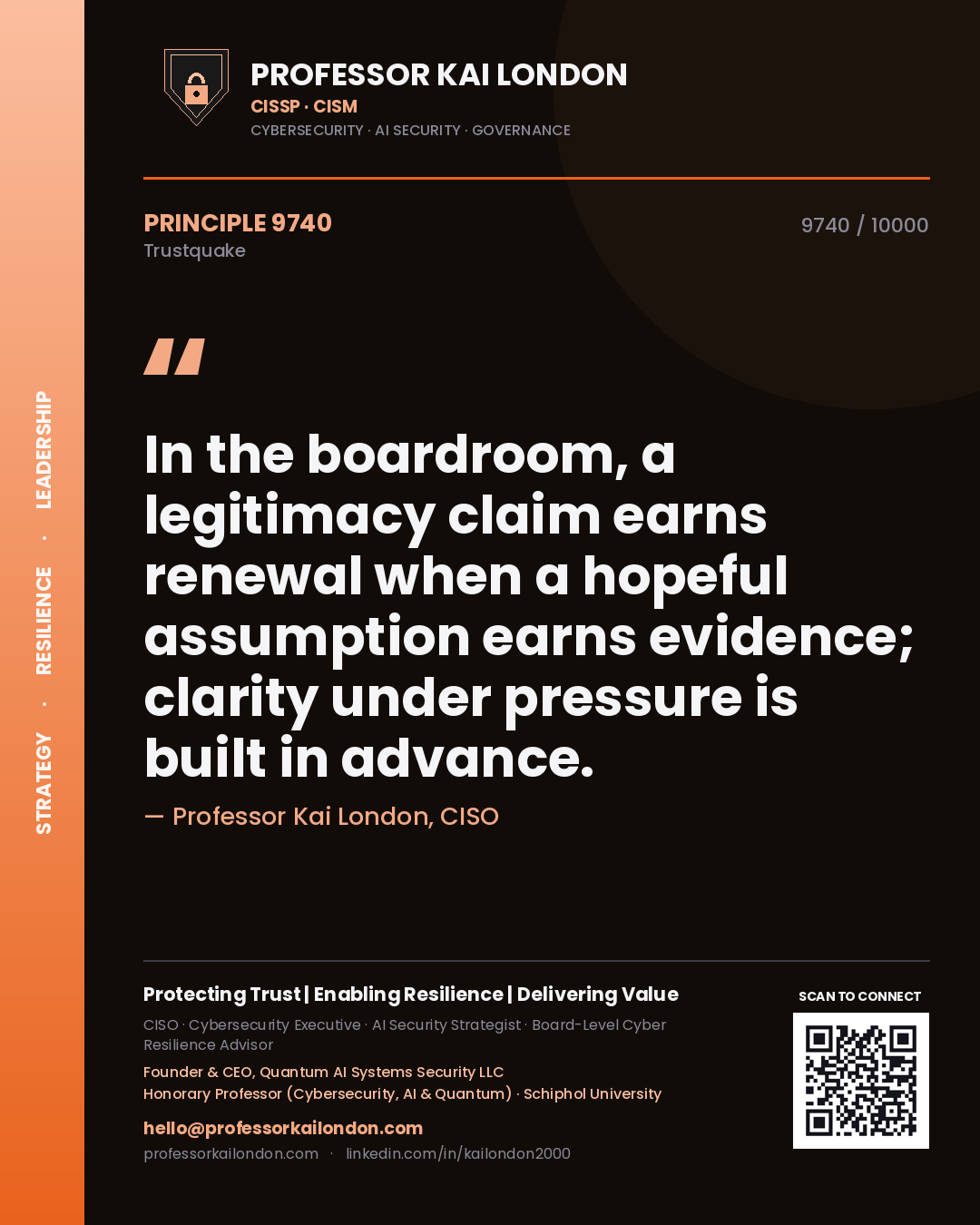 Professor Kai London principle 9740: In the boardroom, a legitimacy claim earns renewal when a hopeful assumption earns evidence; clarity under pressure is built in advance.