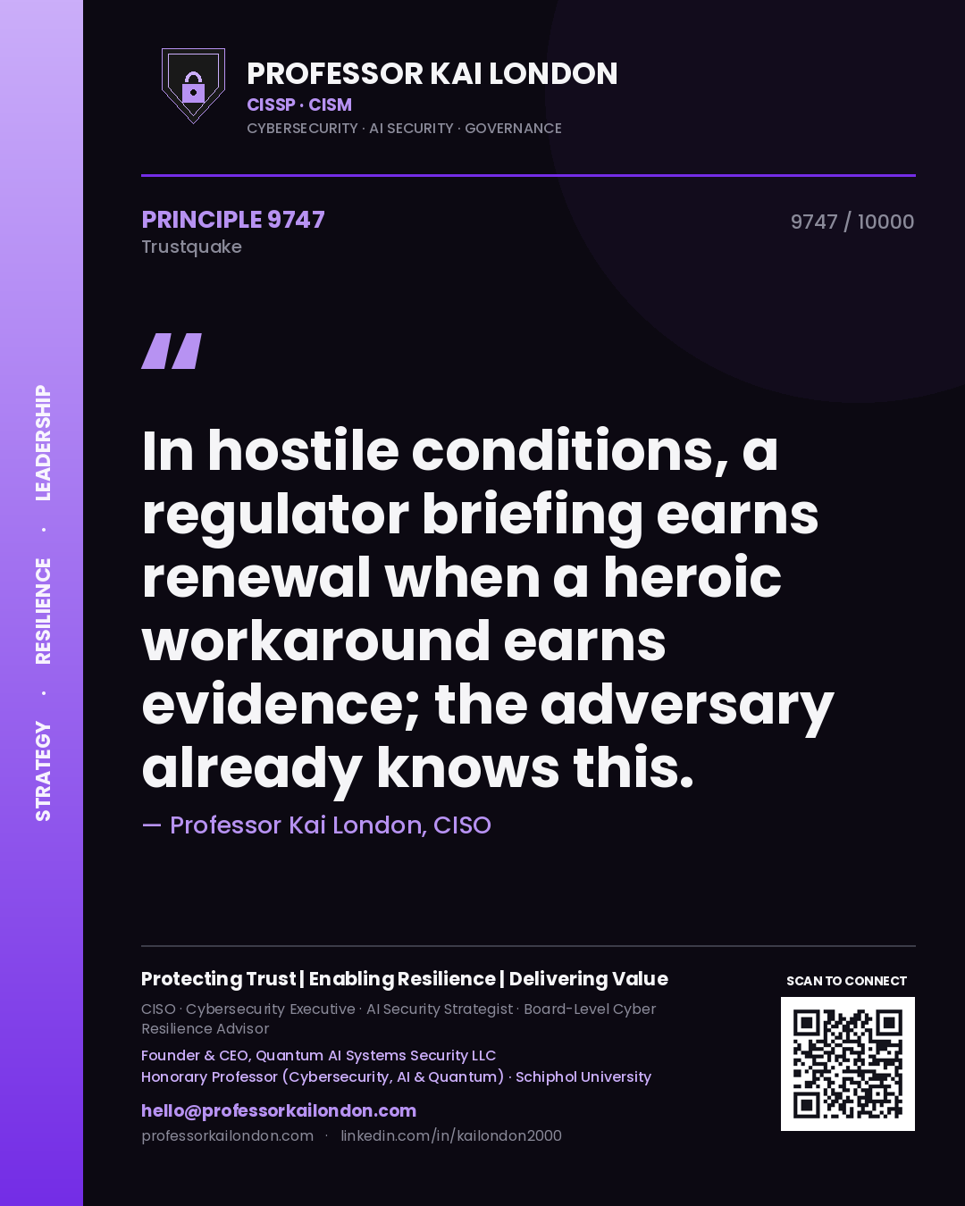 Professor Kai London principle 9747: In hostile conditions, a regulator briefing earns renewal when a heroic workaround earns evidence; the adversary already knows this.