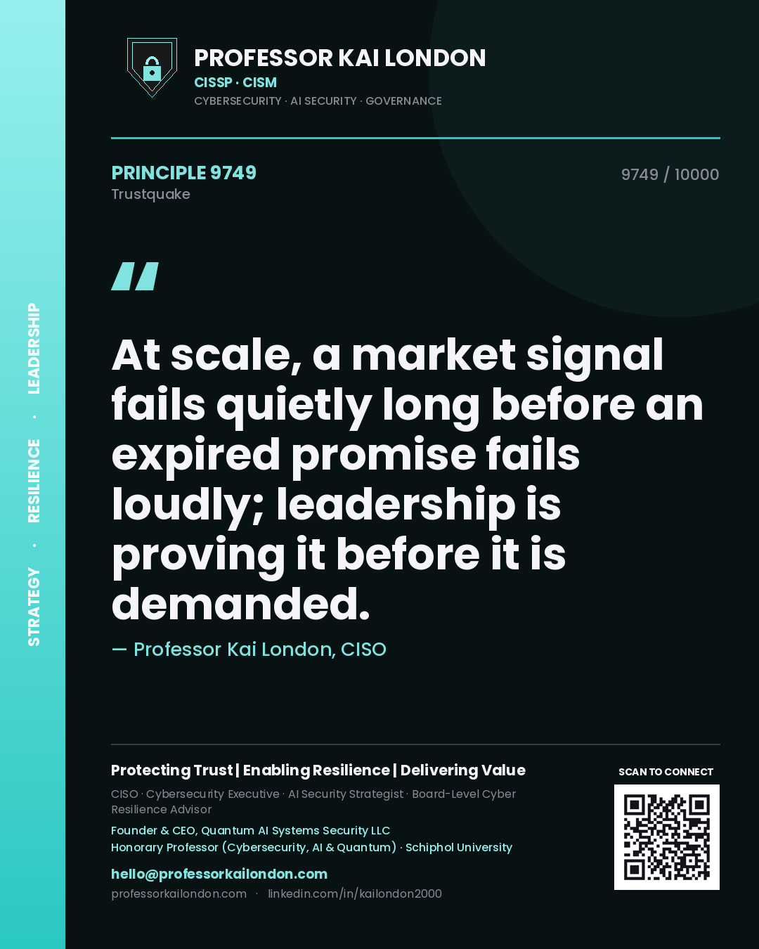 Professor Kai London principle 9749: At scale, a market signal fails quietly long before an expired promise fails loudly; leadership is proving it before it is demanded.
