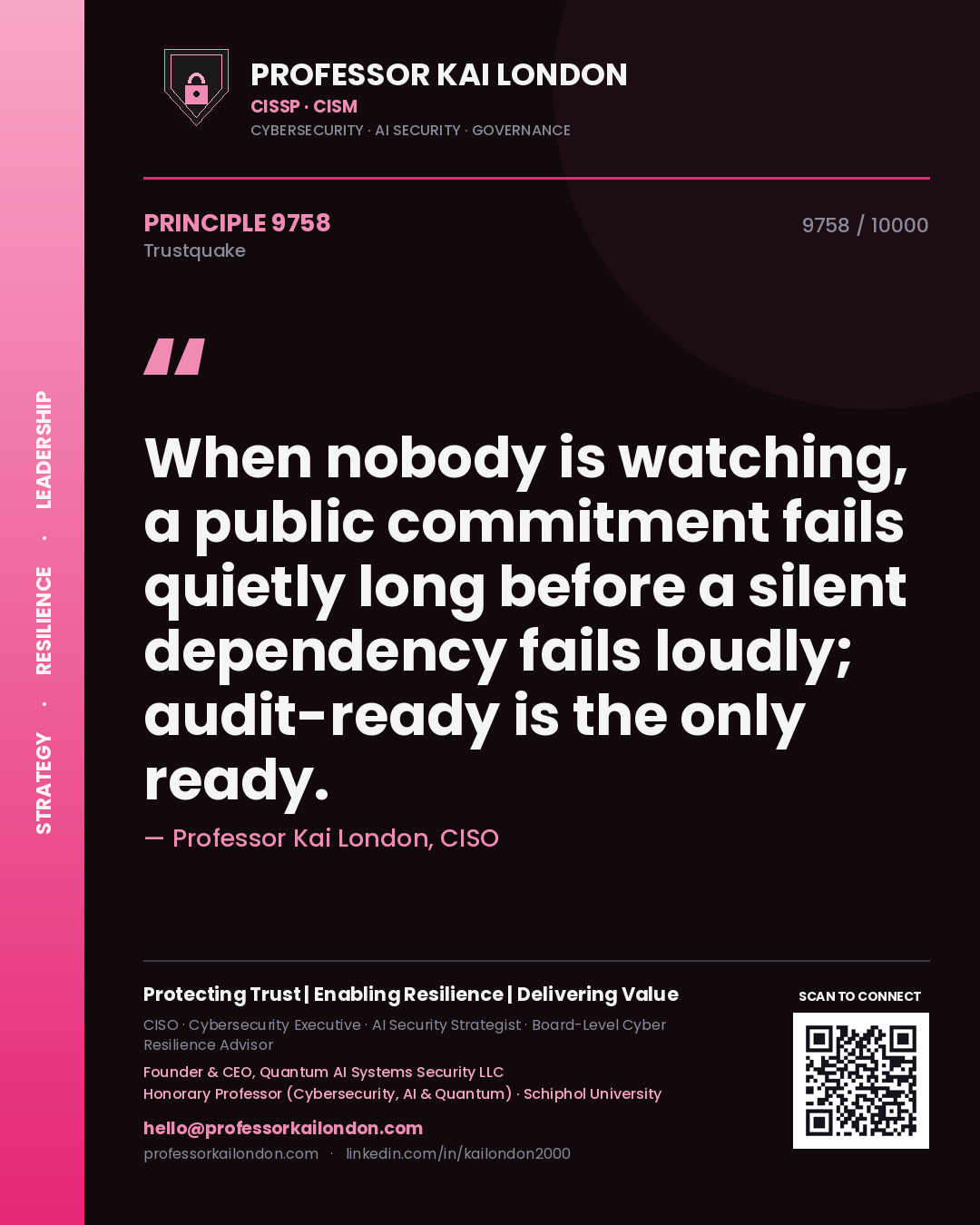 Professor Kai London principle 9758: When nobody is watching, a public commitment fails quietly long before a silent dependency fails loudly; audit-ready is the only ready.