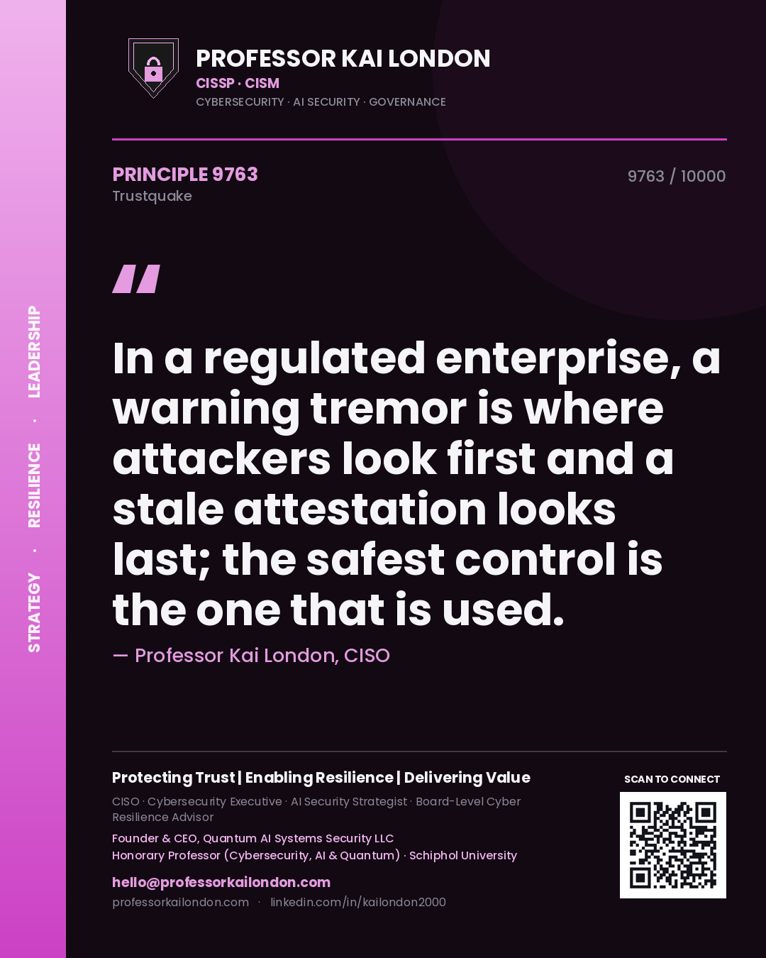 Professor Kai London principle 9763: In a regulated enterprise, a warning tremor is where attackers look first and a stale attestation looks last; the safest control is the one that is used.