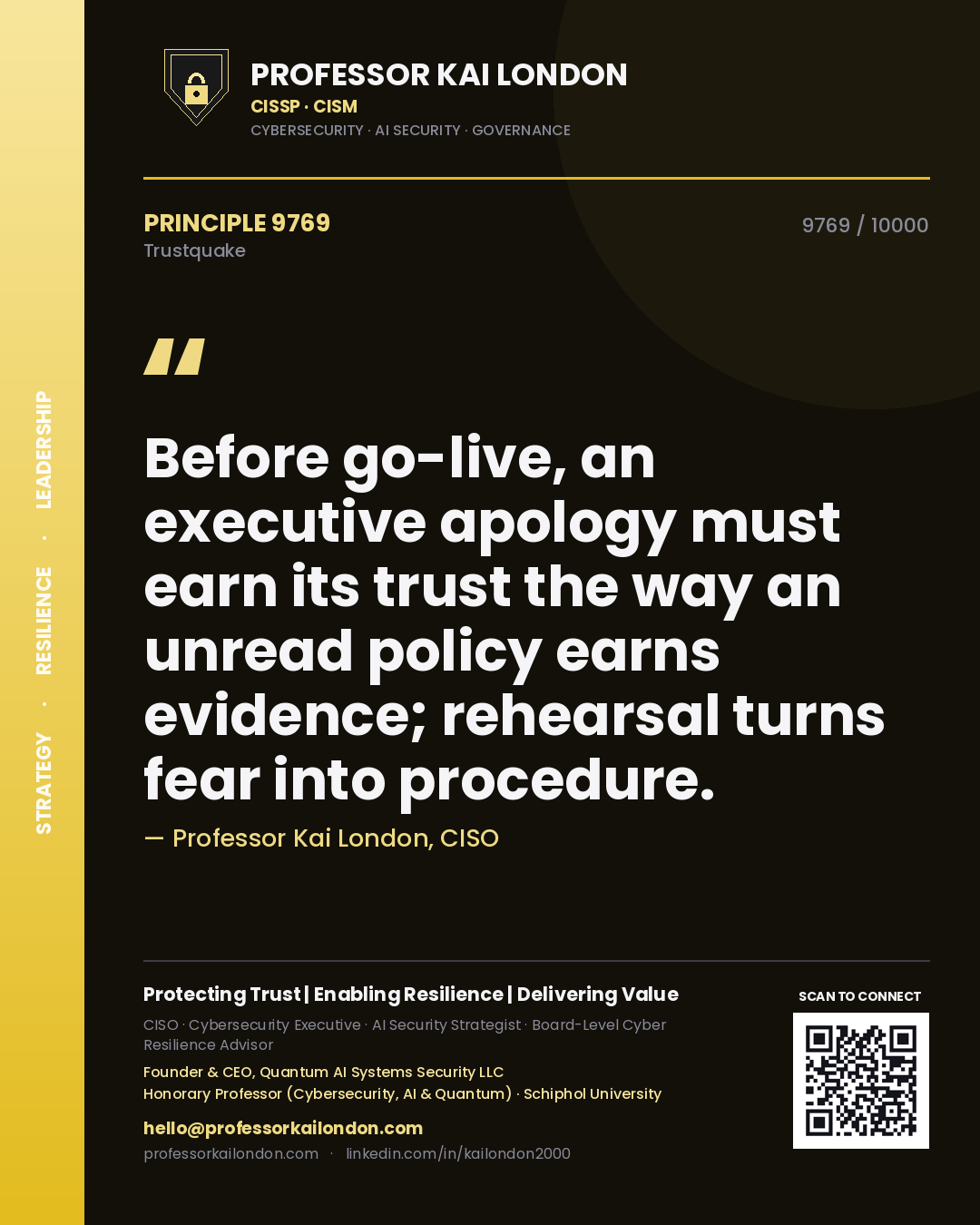 Professor Kai London principle 9769: Before go-live, an executive apology must earn its trust the way an unread policy earns evidence; rehearsal turns fear into procedure.