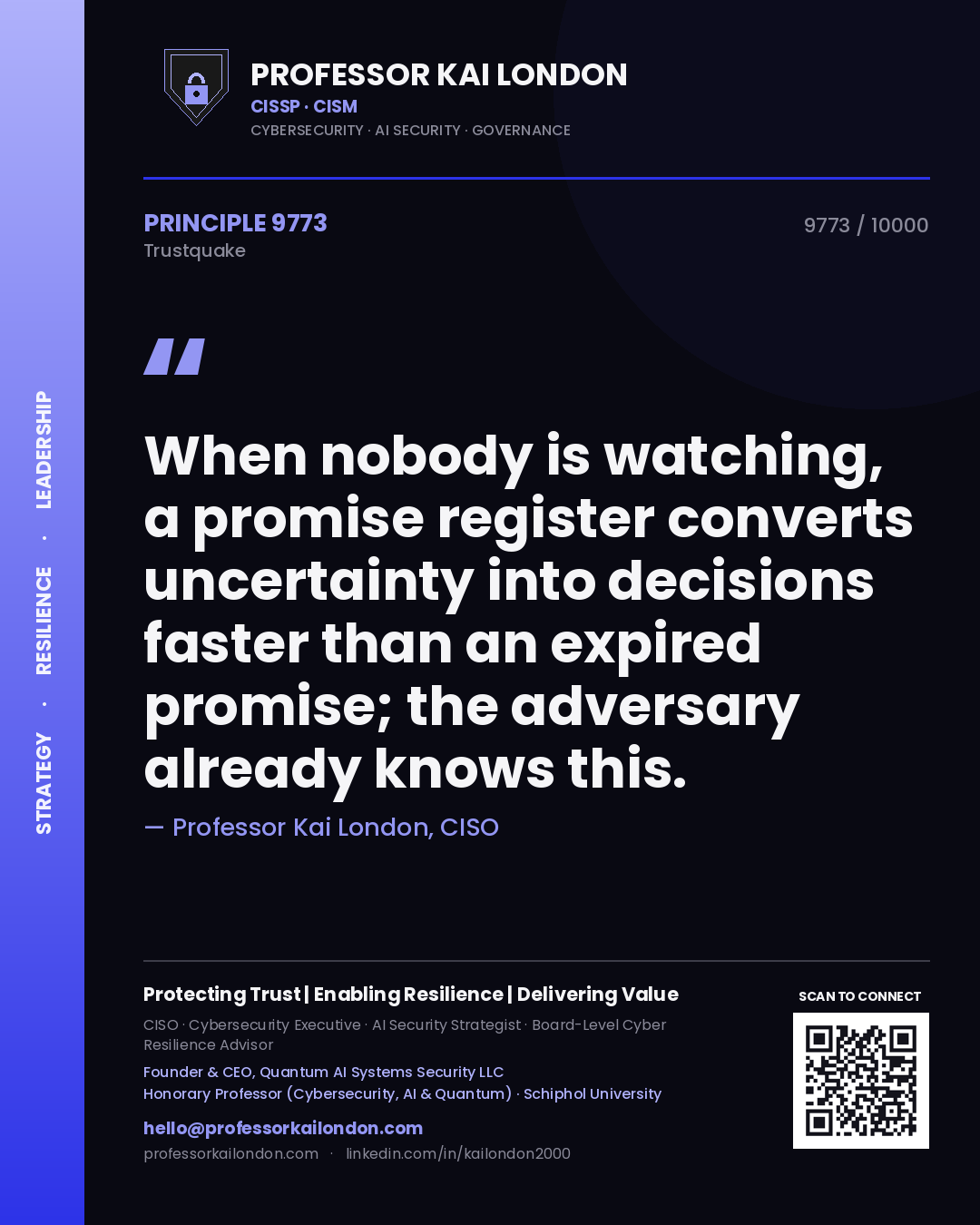 Professor Kai London principle 9773: When nobody is watching, a promise register converts uncertainty into decisions faster than an expired promise; the adversary already knows this.