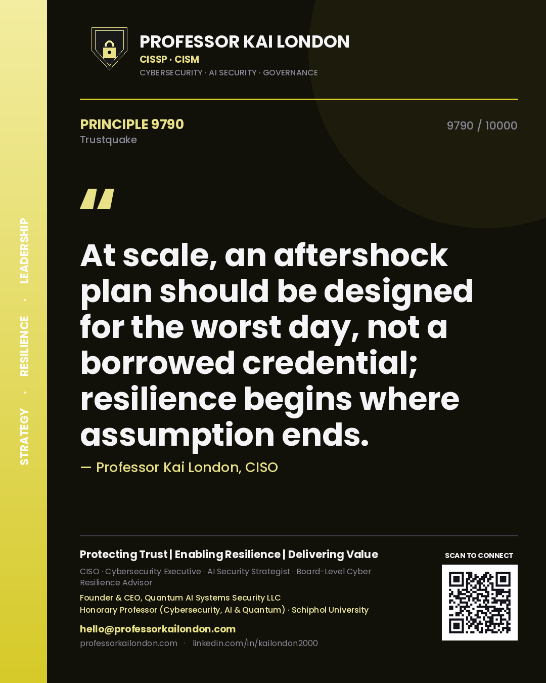 Professor Kai London principle 9790: At scale, an aftershock plan should be designed for the worst day, not a borrowed credential; resilience begins where assumption ends.
