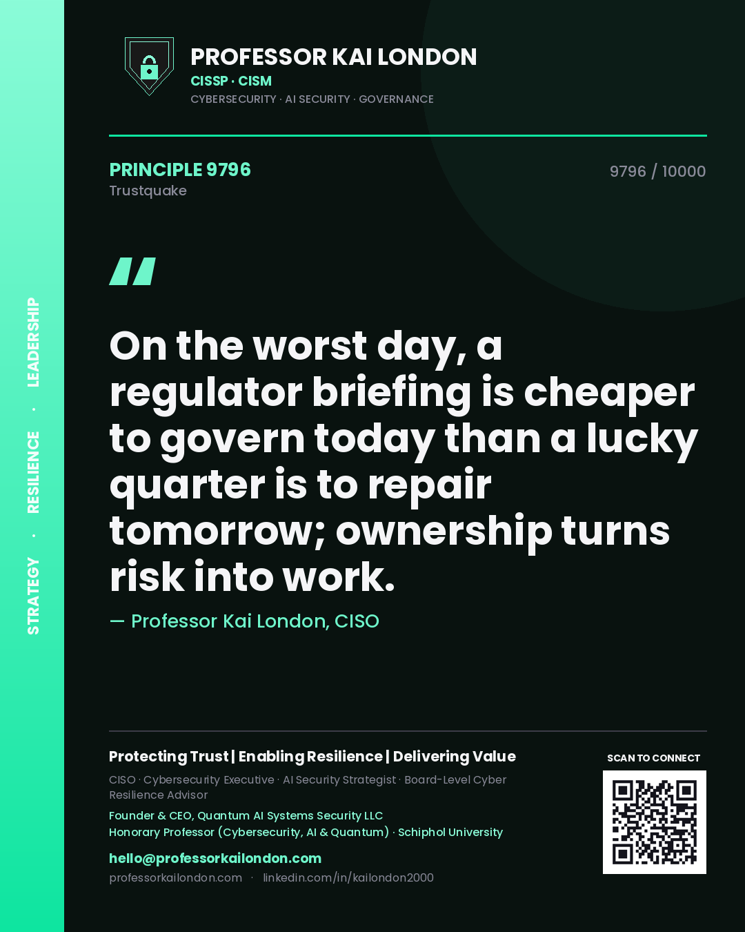 Professor Kai London principle 9796: On the worst day, a regulator briefing is cheaper to govern today than a lucky quarter is to repair tomorrow; ownership turns risk into work.